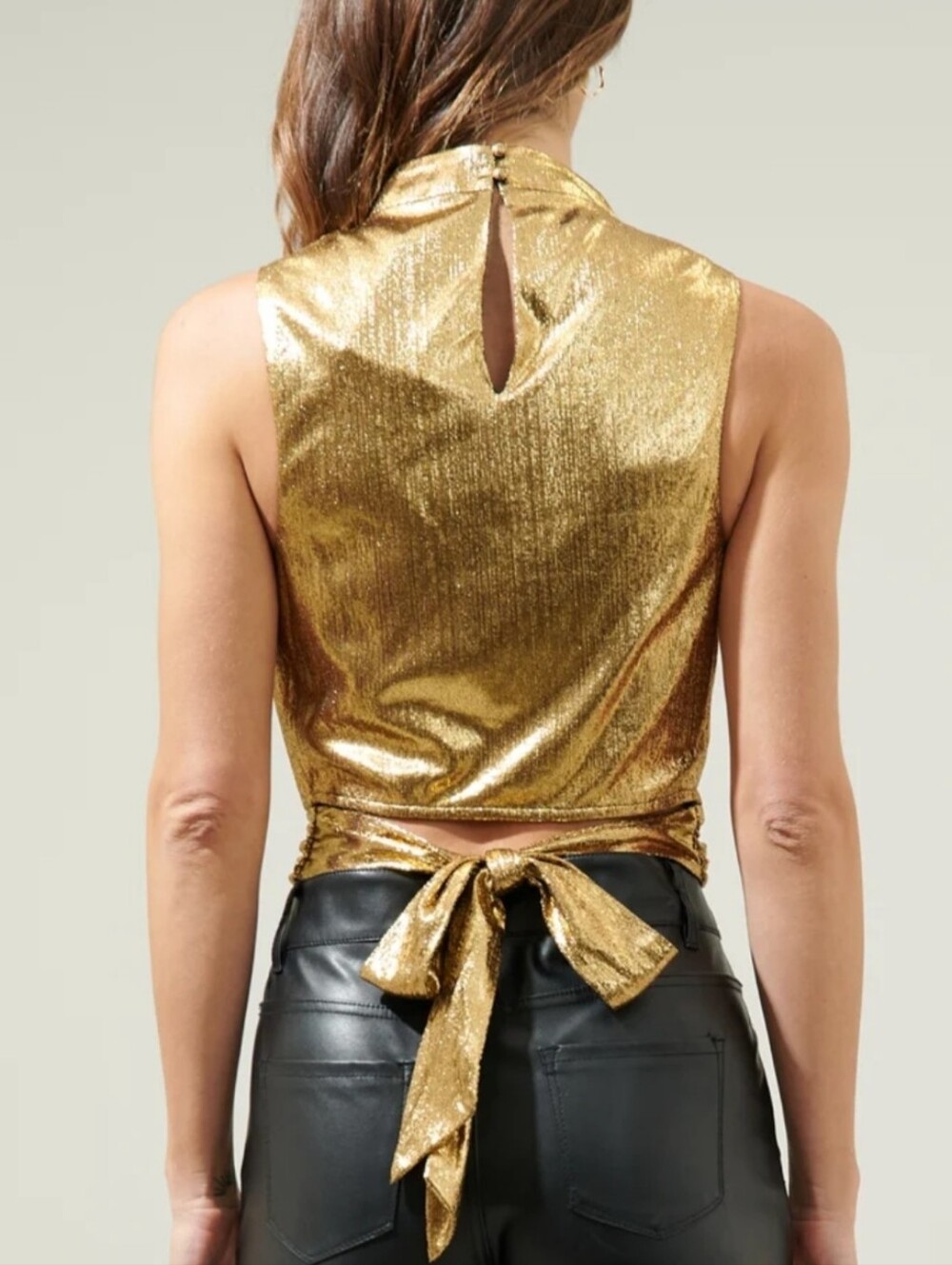 SUGARLIPS Copper Primadonna Twist Crop Metallic Gold Tie-Back Camisole Top